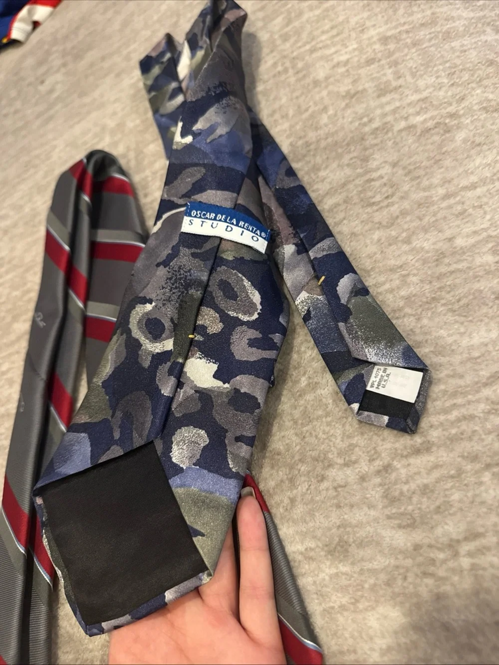 Bundle Oscar de la Renta Gray & Red Striped Tie with Blue Camouflage Tie